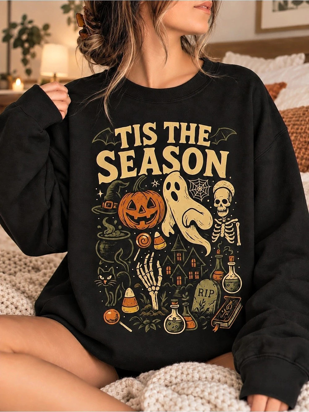 Tis The Season Halloween Ghost Pumpkin Crewneck Sweatshirt Graphic